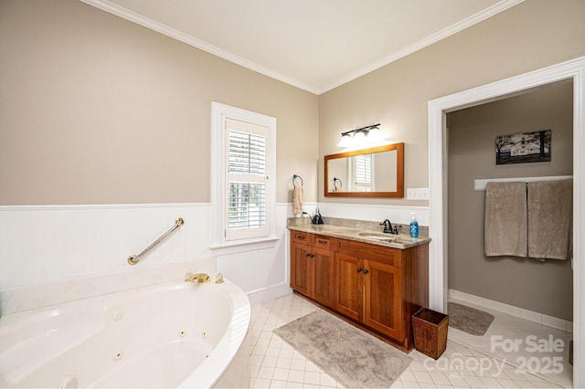 5933 Flintlock Ct, Hickory, NC 28601 - bathroom featuring ornamental molding, vanity, a whirlpool tub, a wainscoted wall, and tile patterned floors