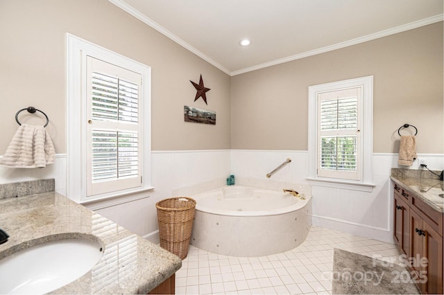 5933 Flintlock Ct, Hickory, NC 28601 - bathroom with a wainscoted wall, two vanities, ornamental molding, a jetted tub, and tile patterned flooring