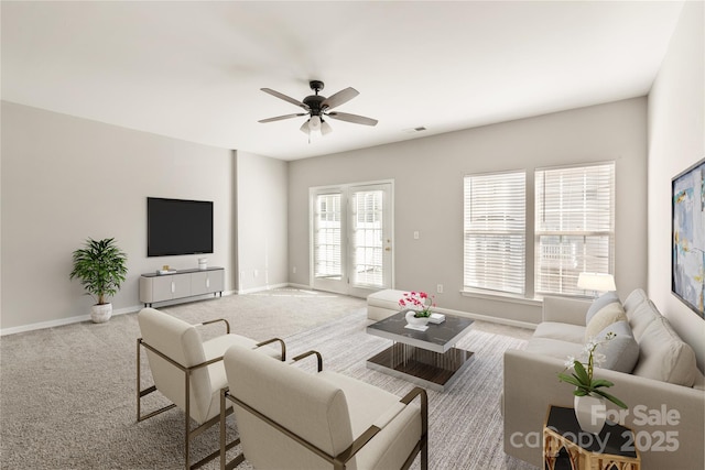 8177 Millwright Ln, Charlotte, NC 28277 - living area featuring baseboards, carpet floors, a ceiling fan, and visible vents
