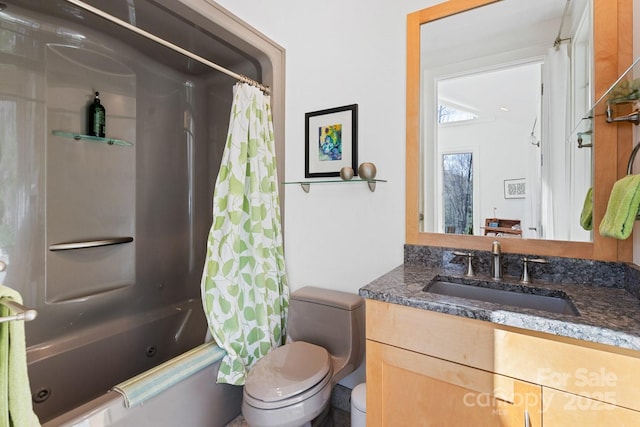 bathroom featuring vanity, toilet, and shower / bath combination with curtain