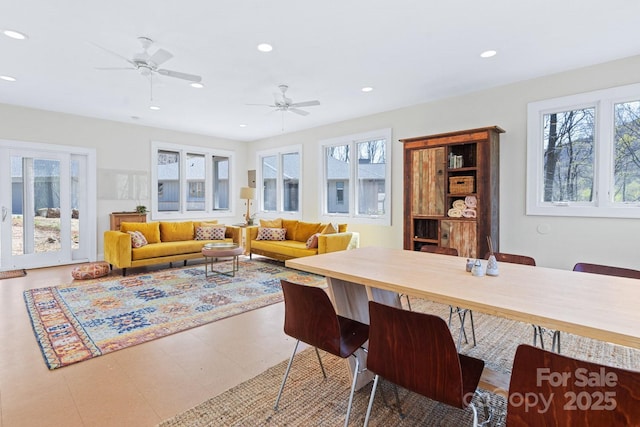 dining area featuring plenty of natural light, recessed lighting, and ceiling fan