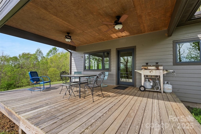 630 Graybeal Holw, Creston, NC 28615 - wooden deck featuring ceiling fan and outdoor dining area