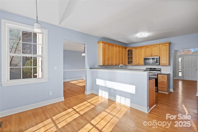 kitchen with baseboards, appliances with stainless steel finishes, glass insert cabinets, and light wood-type flooring
