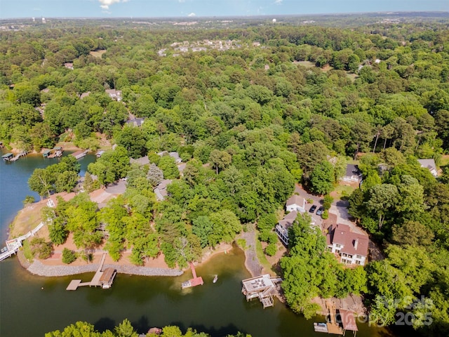 bird's eye view featuring a water view and a wooded view