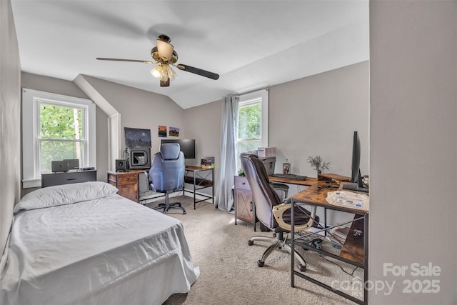 carpeted bedroom featuring a ceiling fan, multiple windows, and lofted ceiling