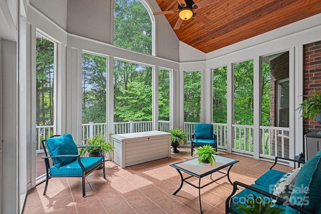 sunroom with tile patterned floors, high vaulted ceiling, ceiling fan, and wood ceiling