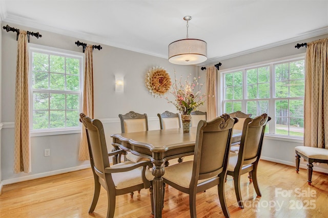 dining room with plenty of natural light, light wood finished floors, and crown molding
