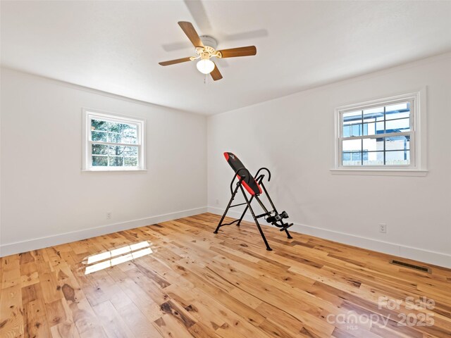 workout area with a ceiling fan, visible vents, hardwood / wood-style floors, and baseboards
