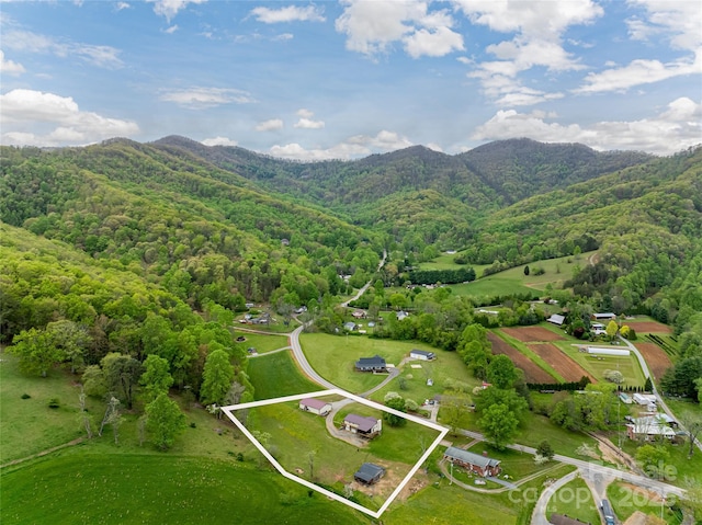 birds eye view of property featuring a mountain view and a forest view