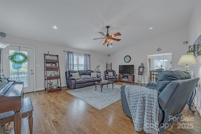 5507 Land Harbour Dr, Granite Falls, NC 28630 - living room with a ceiling fan, lofted ceiling, wood finished floors, recessed lighting, and baseboards