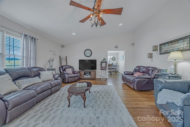 5507 Land Harbour Dr, Granite Falls, NC 28630 - living room featuring ceiling fan, wood finished floors, lofted ceiling, and recessed lighting