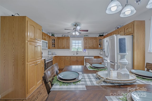5507 Land Harbour Dr, Granite Falls, NC 28630 - kitchen with appliances with stainless steel finishes, a sink, glass insert cabinets, and a ceiling fan