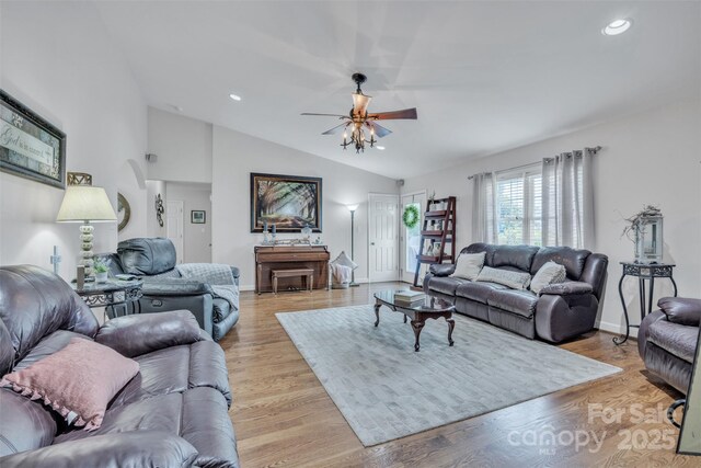 5507 Land Harbour Dr, Granite Falls, NC 28630 - living room with lofted ceiling, ceiling fan, baseboards, recessed lighting, and light wood-type flooring