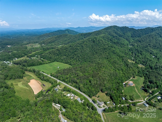 drone / aerial view with a mountain view and a view of trees