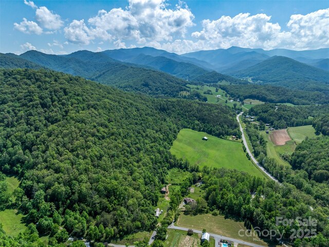 aerial view featuring a mountain view and a forest view