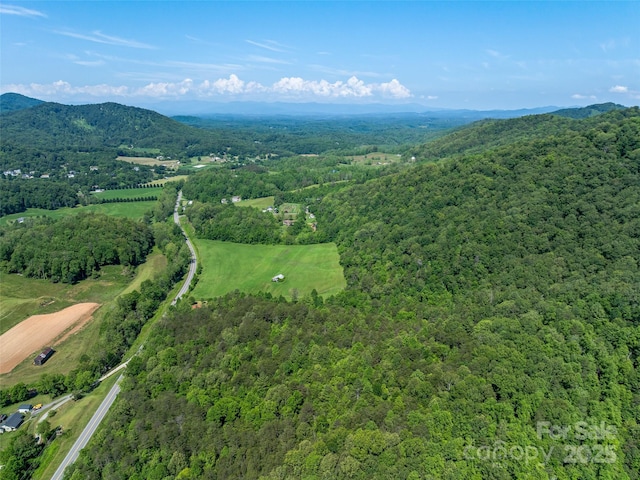 birds eye view of property featuring a wooded view and a mountain view