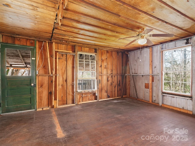 40 Wells Rd, Waynesville, NC 28785 - misc room with wooden ceiling, hardwood / wood-style flooring, a ceiling fan, and wood walls