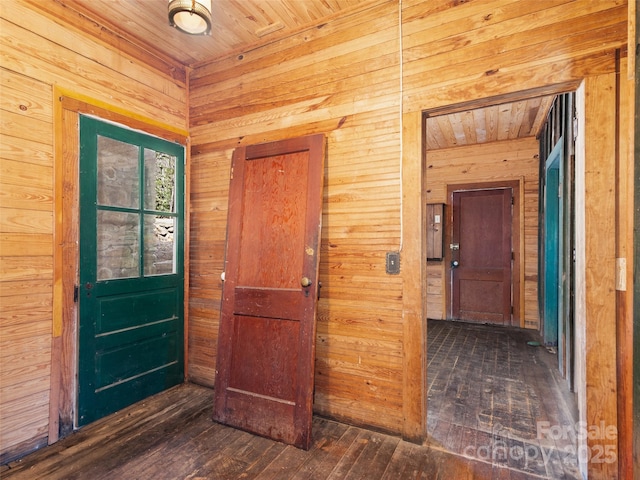 40 Wells Rd, Waynesville, NC 28785 - foyer entrance featuring wood walls, hardwood / wood-style flooring, and wooden ceiling