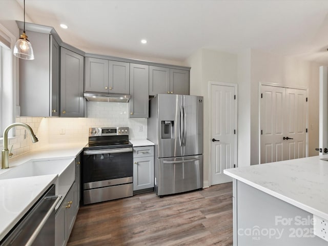 240 Faust Rd, Davidson, NC 28036 - kitchen with stainless steel appliances, gray cabinetry, wood finished floors, decorative backsplash, and a sink