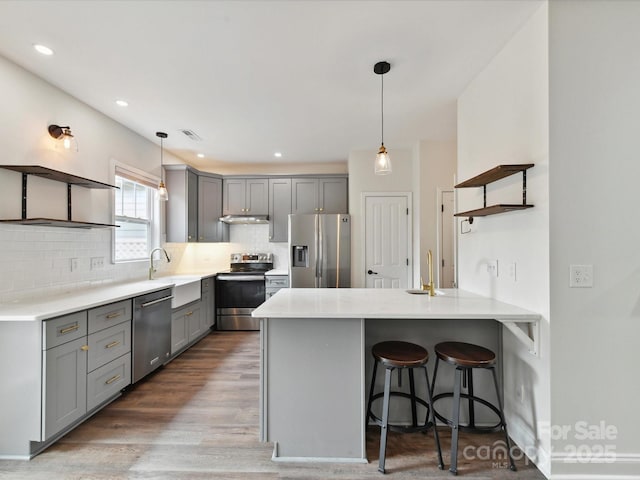 240 Faust Rd, Davidson, NC 28036 - kitchen with open shelves, appliances with stainless steel finishes, a peninsula, gray cabinets, and a sink