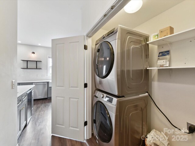 240 Faust Rd, Davidson, NC 28036 - laundry room with stacked washer / dryer and dark wood-style flooring