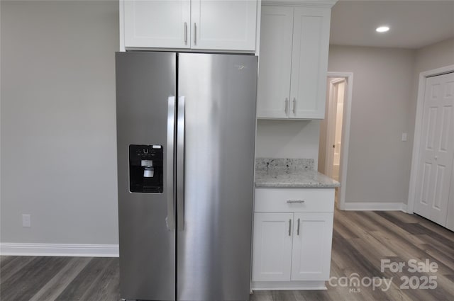 602 Still St Unit 1Blk C, Chester, SC 29706 - kitchen featuring stainless steel refrigerator with ice dispenser, white cabinets, dark wood finished floors, and baseboards