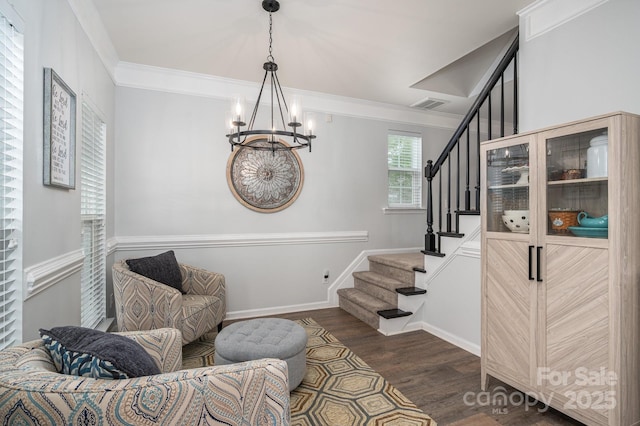 7905 Sedgebrook Dr E, Stanley, NC 28164 - sitting room featuring a chandelier, stairway, dark wood-style floors, ornamental molding, and baseboards