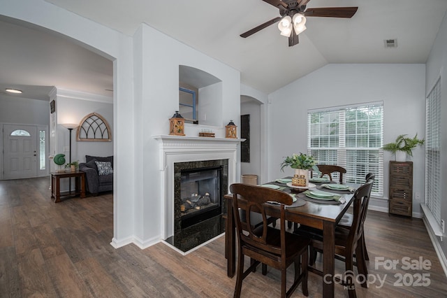 7905 Sedgebrook Dr E, Stanley, NC 28164 - dining space with ceiling fan, a premium fireplace, dark wood-type flooring, lofted ceiling, and baseboards