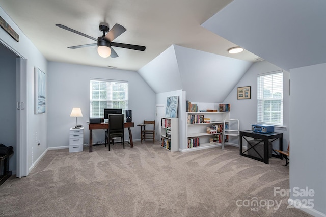7905 Sedgebrook Dr E, Stanley, NC 28164 - carpeted office space featuring healthy amount of natural light, a ceiling fan, vaulted ceiling, and baseboards