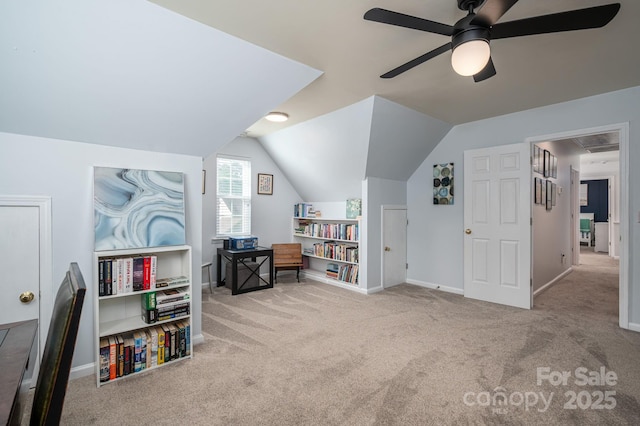 7905 Sedgebrook Dr E, Stanley, NC 28164 - carpeted office space featuring ceiling fan, vaulted ceiling, and baseboards
