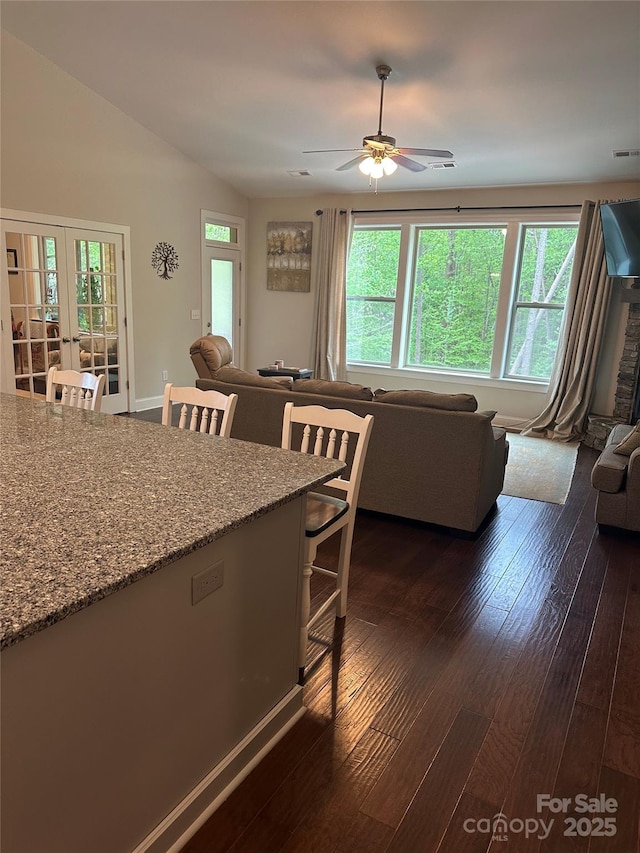 interior space featuring french doors, plenty of natural light, a ceiling fan, and dark wood finished floors