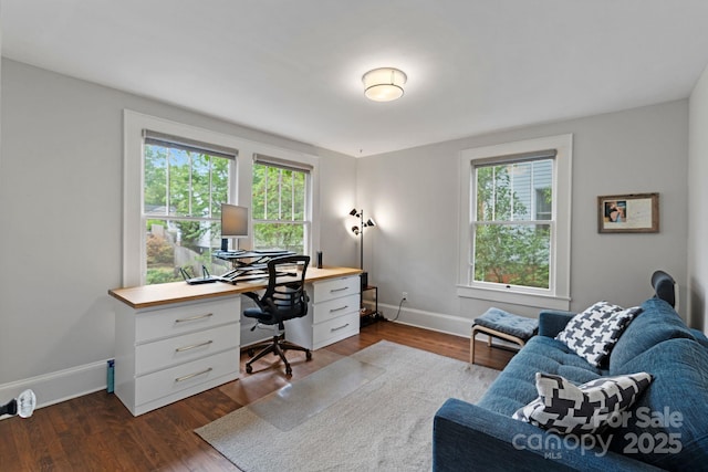 office area with plenty of natural light, dark wood finished floors, and baseboards