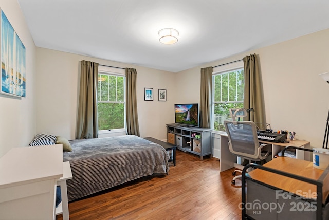 bedroom featuring wood finished floors and multiple windows
