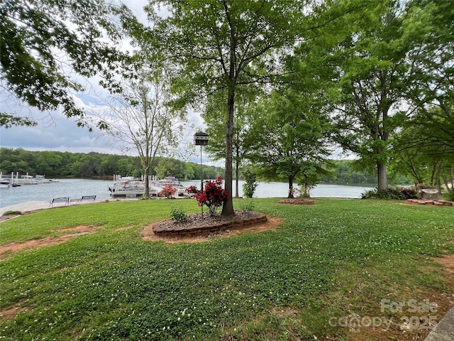 view of yard with a boat dock and a water view