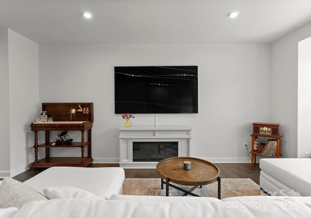 living area featuring wood finished floors, baseboards, a glass covered fireplace, and recessed lighting