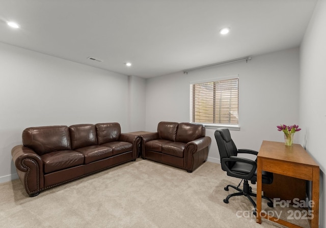 carpeted office space with baseboards, visible vents, and recessed lighting