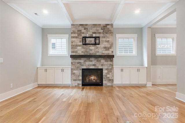 14119 Shelburne Village Dr, Charlotte, NC 28278 - unfurnished living room featuring a fireplace, ornamental molding, plenty of natural light, and light wood finished floors