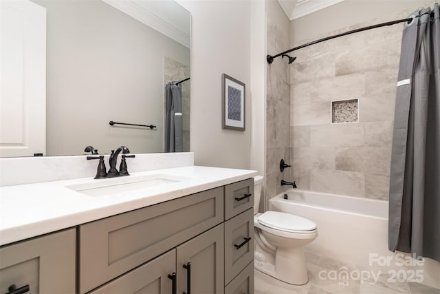 14119 Shelburne Village Dr, Charlotte, NC 28278 - full bath featuring toilet, shower / bath combination with curtain, ornamental molding, and vanity