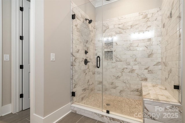 14119 Shelburne Village Dr, Charlotte, NC 28278 - bathroom with a shower stall and baseboards