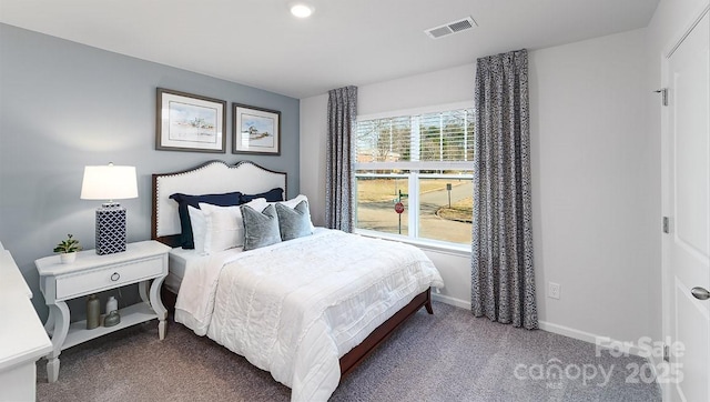 bedroom featuring recessed lighting, baseboards, visible vents, and carpet