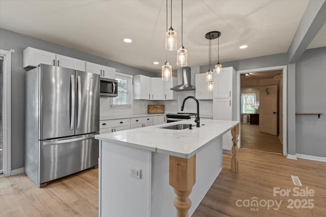 135 Mcshag Dr, Kannapolis, NC 28081 - kitchen featuring appliances with stainless steel finishes, tasteful backsplash, white cabinetry, baseboards, and wall chimney exhaust hood
