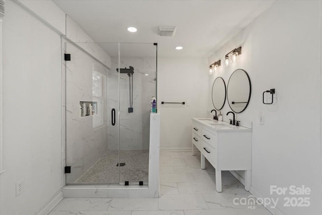 135 Mcshag Dr, Kannapolis, NC 28081 - full bathroom with vanity, a marble finish shower, marble finish floor, recessed lighting, and baseboards