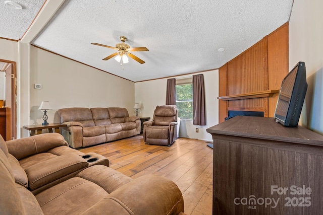 3317 Treyburn Dr, Midland, NC 28107 - living area featuring ceiling fan, a textured ceiling, crown molding, lofted ceiling, and light wood-style floors