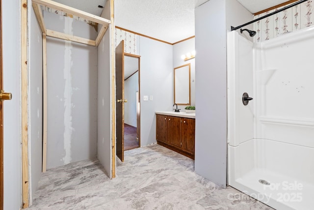 3317 Treyburn Dr, Midland, NC 28107 - full bathroom with vanity, ornamental molding, and a stall shower