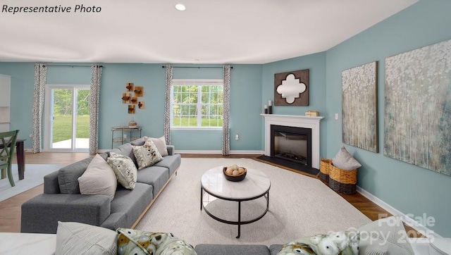 living area featuring baseboards, a glass covered fireplace, wood finished floors, and plenty of natural light
