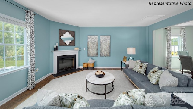 living room with baseboards, wood finished floors, a healthy amount of sunlight, and a glass covered fireplace