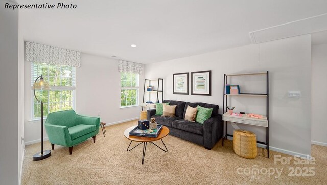 living area with attic access, recessed lighting, carpet, and baseboards