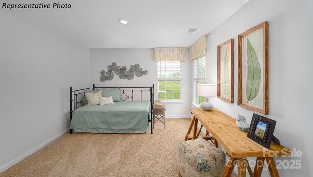 bedroom featuring visible vents, carpet, and baseboards