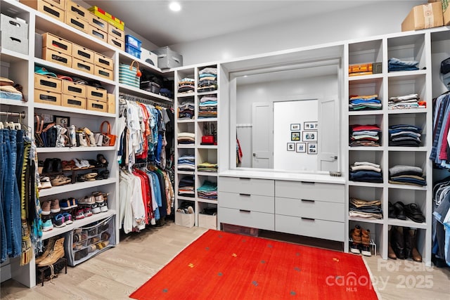 walk in closet with wood finished floors
