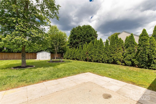 view of yard with a patio area, a storage shed, fence, and an outbuilding